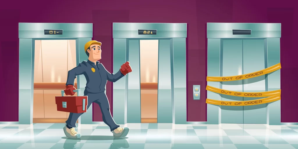 repair-man-out-order-elevator-with-yellow-stripes-house-office-hallway-cartoon-corridor-with-open-lift-doors-mechanic-with-tool-box-maintenance-service-broken-elevator_